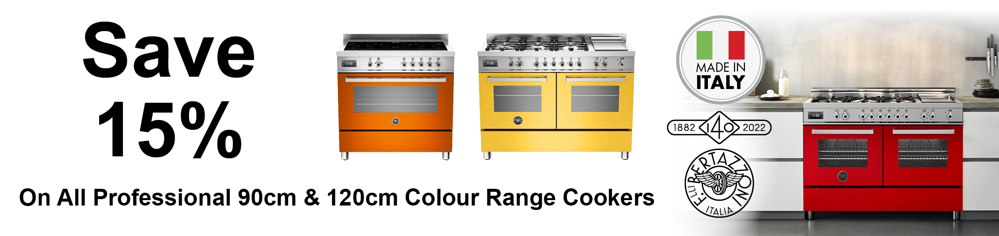 Save 15% on all Bertazzoni Professional 90cm & 120cm Colour Range Cookers