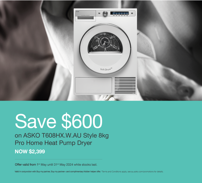 Save $600* On The ASKO T608HX.W.AU Style 8kg Pro Home Heat Pump Dryer