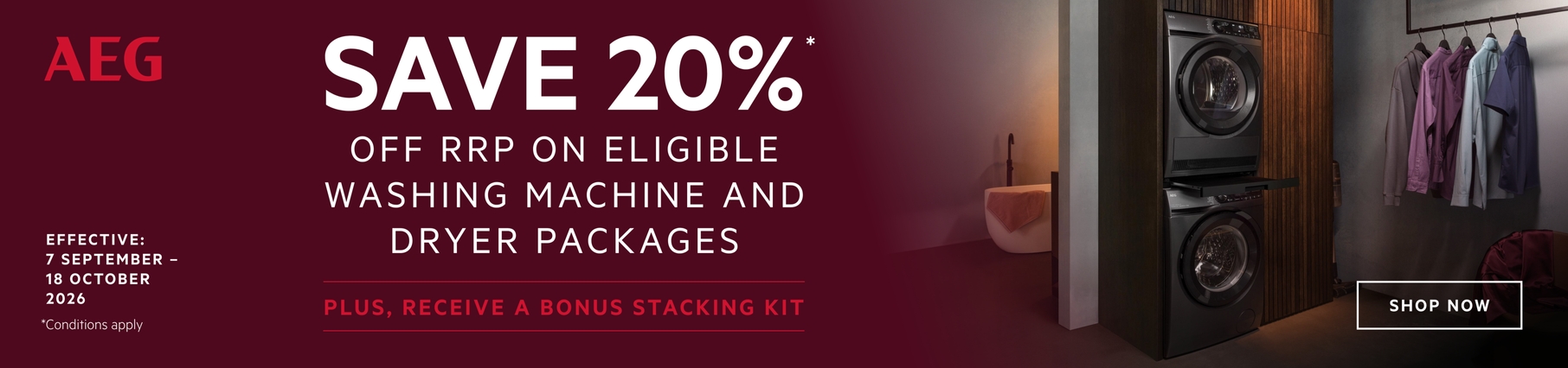 Save 20%* On Select AEG Laundry Packages Plus Bonus Stacking Kit