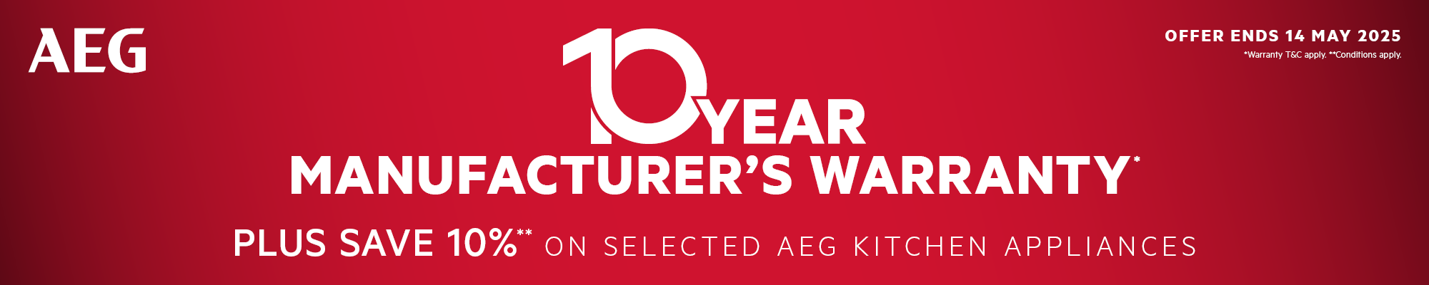 10 Year Warranty Plus Save 10% On Selected AEG Kitchen Appliances*
