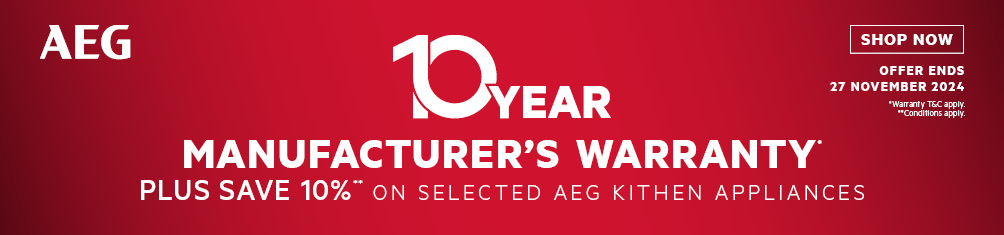 10 Year Warranty* Plus Save 10%* On Selected AEG Kitchen Appliances