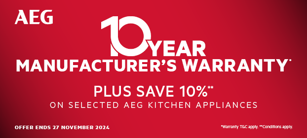 10 Year Warranty* Plus Save 10%* On Selected AEG Kitchen Appliances