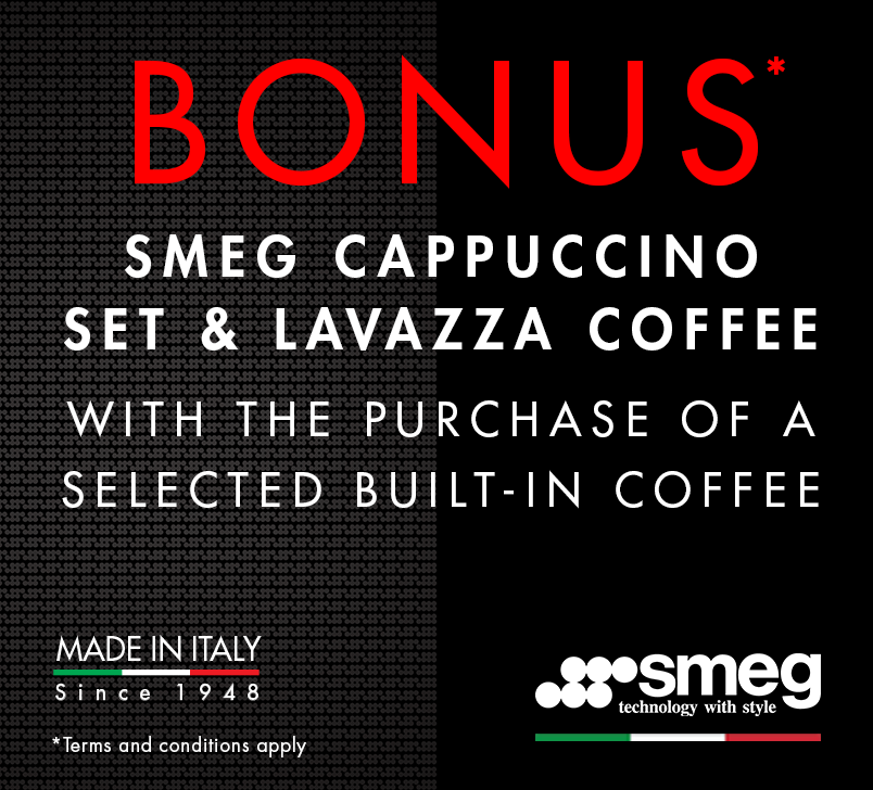 Bonus Smeg Cappuccino Set & Lavazza Coffee with the purchase of selected Smeg Built In Coffee Machines