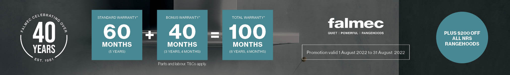 Bonus 40 month warranty on all Falmec rangehoods plus $200 off all NRS rangehoods