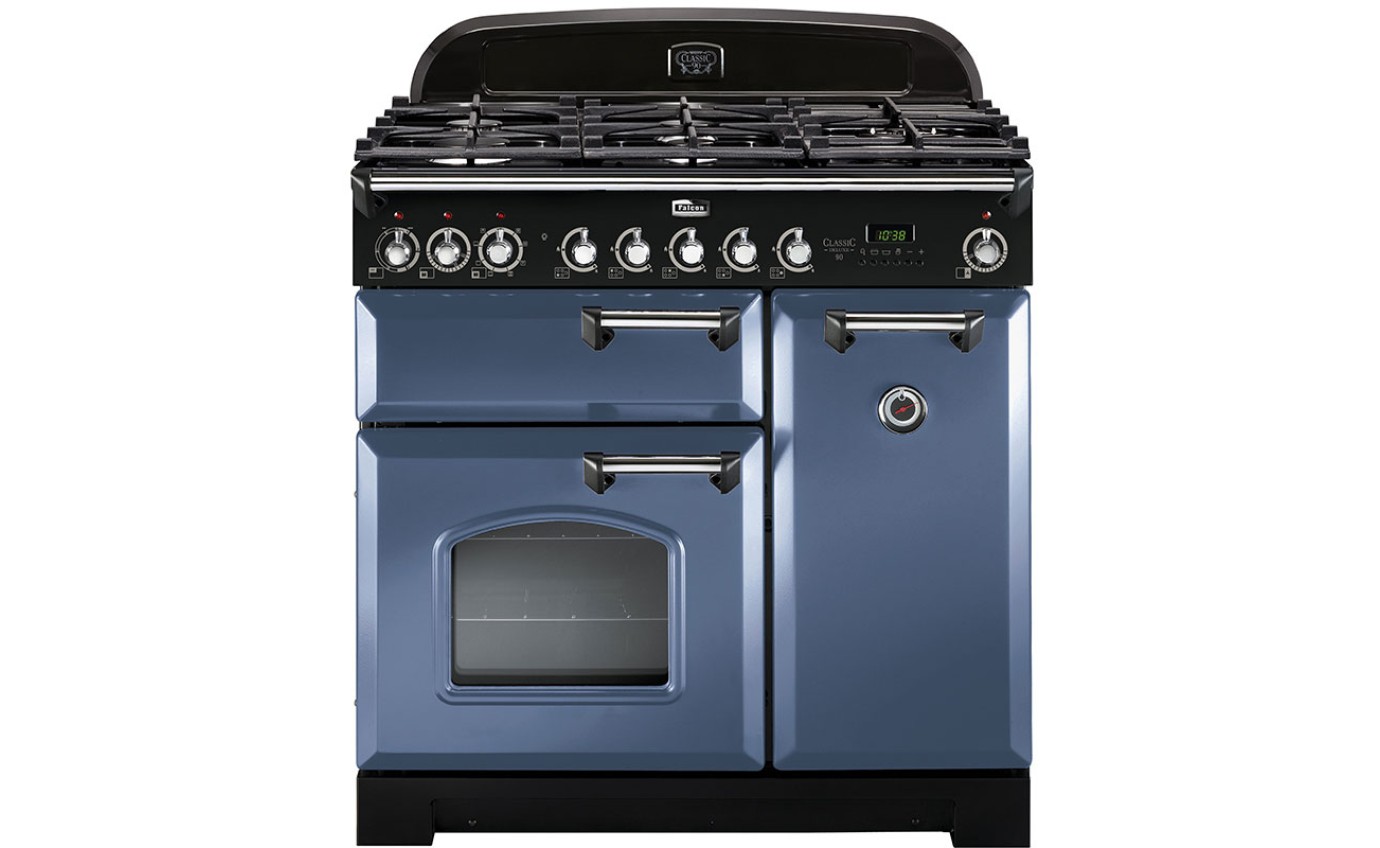 Falcon Classic Deluxe 90cm Dual Fuel Upright Cooker Stone Blue / Chrome CDL90DFSBCH