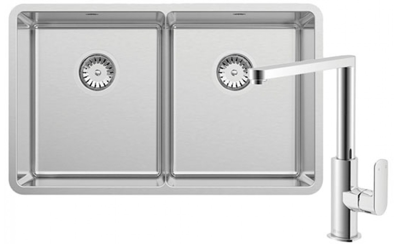 Abey Double Bowl with 2K1 Kitchen Mixer, Drain Tray & Cutting Board LUA200T5